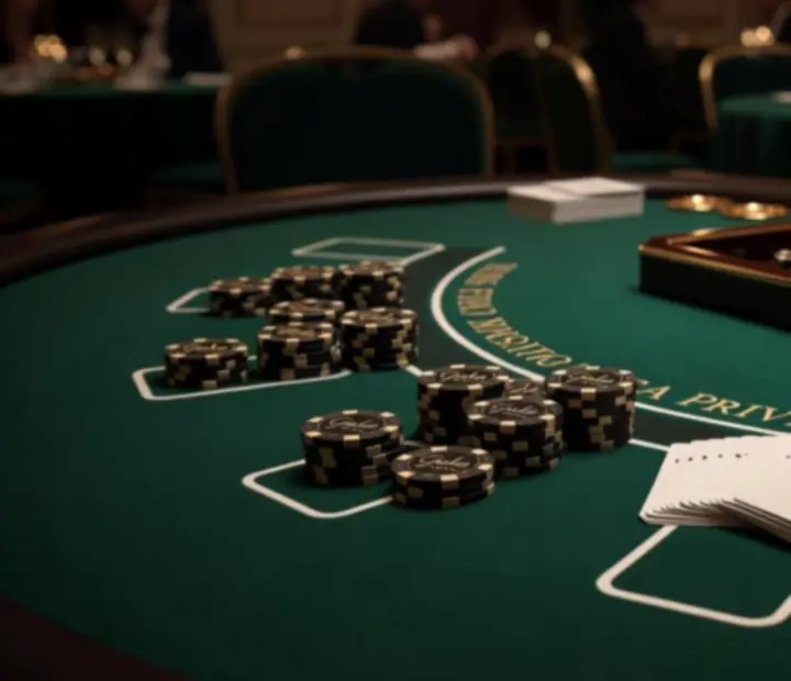Table de blackjack événementielle en velours vert avec jetons prestige et cartes premium