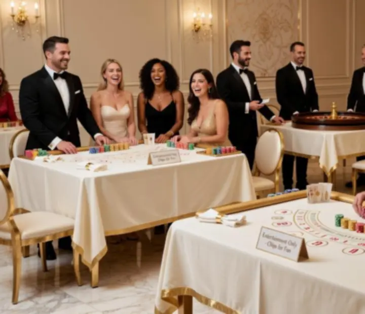 Soirée casino événementielle avec tables de jeu élégantes et invités souriants