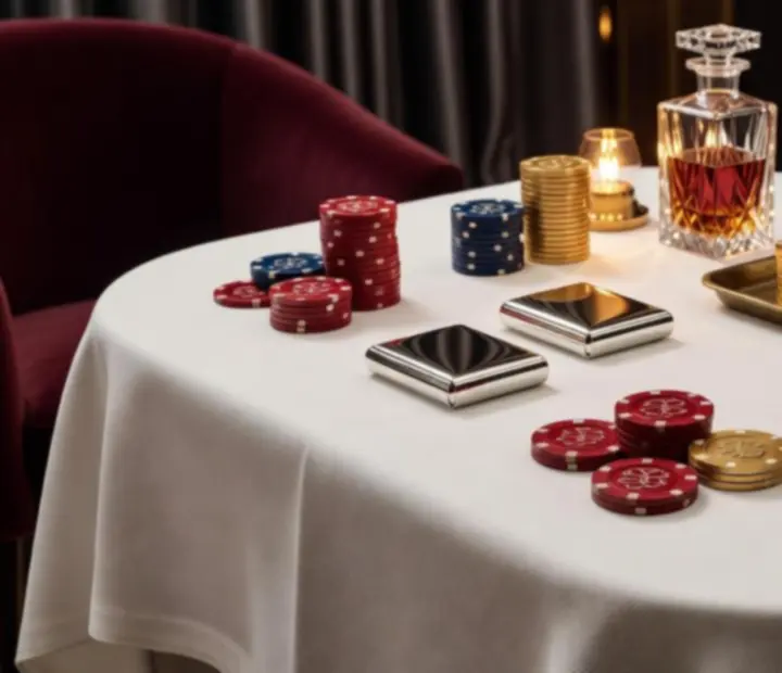 Table de jeu événementielle sur mesure avec jetons fictifs et éclairage doré
