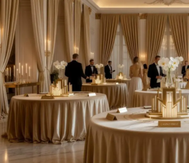 Décor de soirée d'inspiration casino avec tapis velours, dorures et lumière chaleureuse