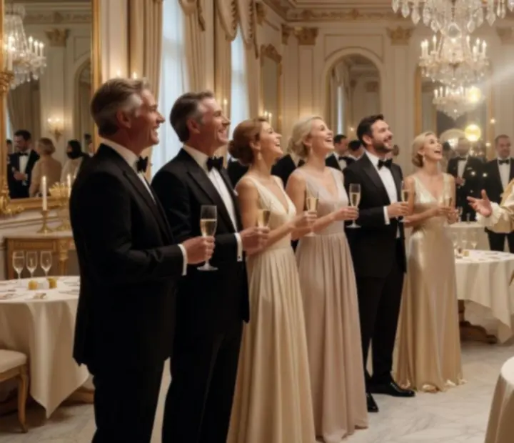 Gala privé élégant avec invités en tenue de soirée et ambiance lumineuse