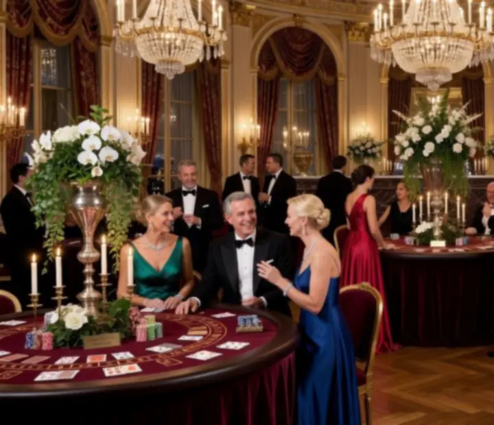 Vue d’un événement de gala orchestré en France, avec tables élégantes et invités en tenue de soirée