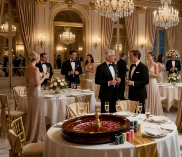 Réception de gala lumineuse avec tables de jeux élégantes et invités en tenue de soirée